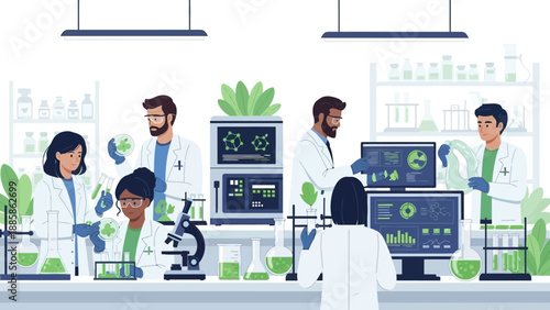 Diverse Scientists Collaborating in a Modern Research Laboratory, Conducting Experiments and Analyzing Data for Breakthrough Discoveries and Innovation