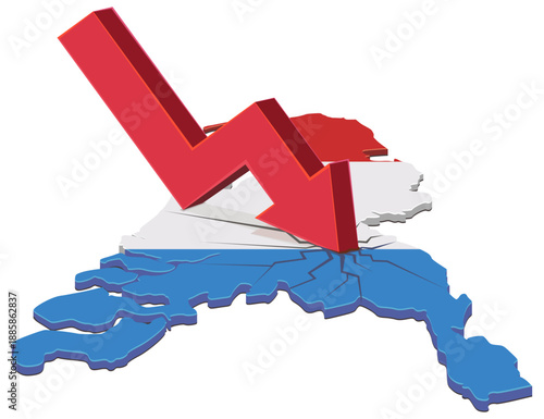 A red downward arrow crashing into a map of Netherlands with national flag colors. Symbolizes economic crisis, market crash, or financial recession in the country. (cut out)