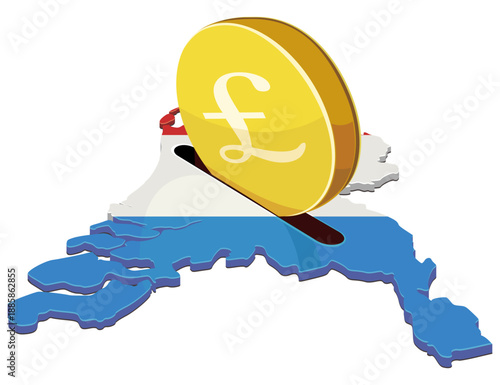 A large gold pound coin being inserted into a slot on a map of Netherlands with its national flag colors. Concept for investment, economy, or financial savings in Netherlands (cut out)