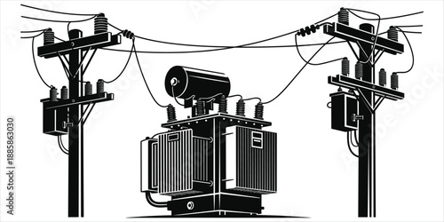 Electrical Transformer Power Lines Utility Poles Black and White vector illustration