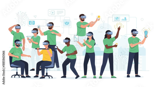 Diverse group of people enjoying immersive virtual reality experiences with headsets and controllers