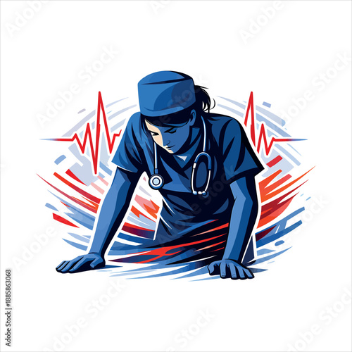 Stressed Nurse Medical Vector Illustration with ECG Heartbeat