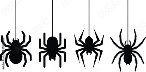 Collection of hanging spider silhouette vector illustrations in various styles for Halloween decoration, horror themes, nature graphics, creepy insects, and spooky seasonal design concepts.