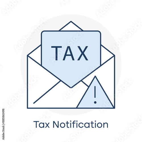 Tax notification letter inside envelope with warning alert icon with editable stroke.