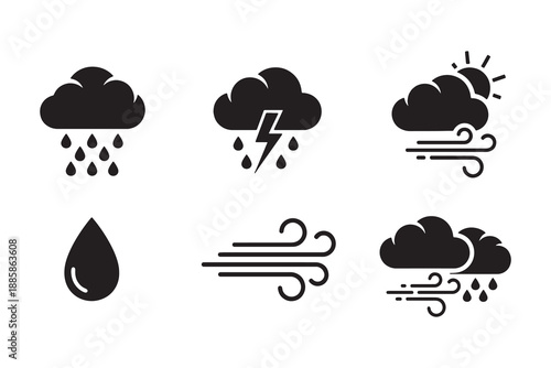 Minimalist weather vector set: rain, thunder, wind, and sun