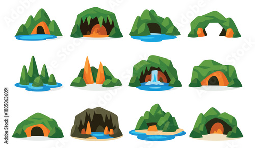 Cartoon cave and grotto set featuring various rock formations with water elements for game design