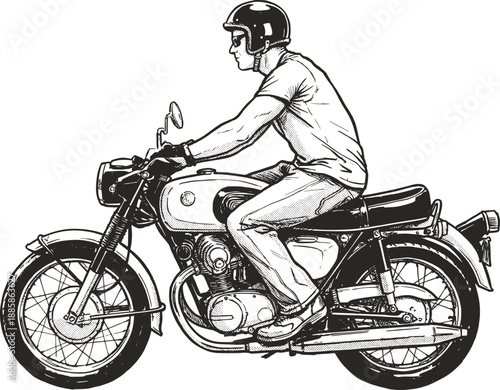 A man riding a classic vintage motorcycle, side view engraving style illustration isolated on white background.