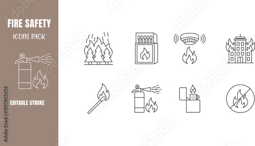 Editable line fire safety icons set – outline vector pack of wildfire, burning building, fire extinguisher, smoke detector, match, lighter and no fire sign for prevention and emergency