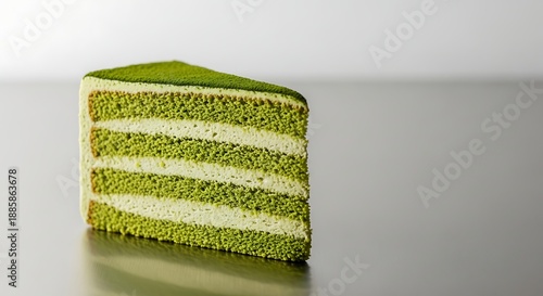 Slice of layered green matcha cake with white cream filling