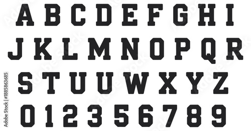 Varsity font vector alphabet, collegiate lettering set, bold athletic typography, sports style letters for team logos apparel prints school emblems retro designs