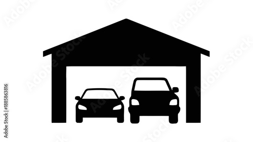 Vector illustration of a garage with two cars parked inside, a sedan and an SUV, on transparent background