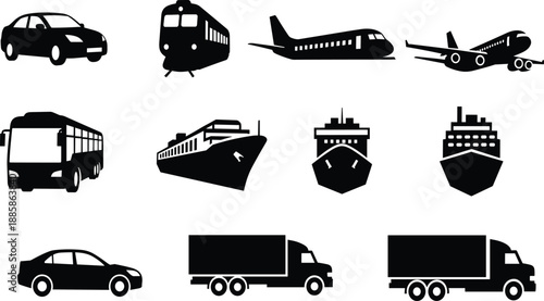 Silhouette icons of transportation vehicles including car, bus, train, airplane, ship, and truck, travel and transport industry illustration