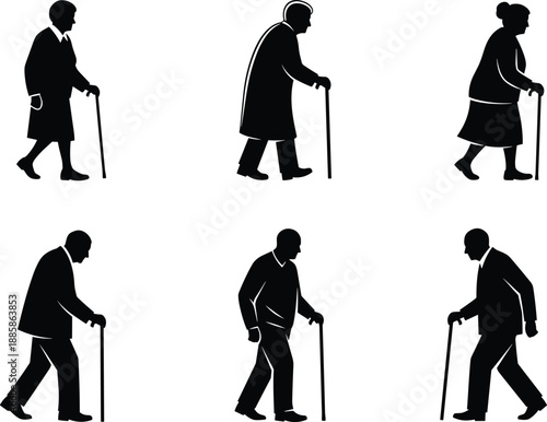 Silhouette illustration of elderly men and women walking with canes, aging support, health care concept