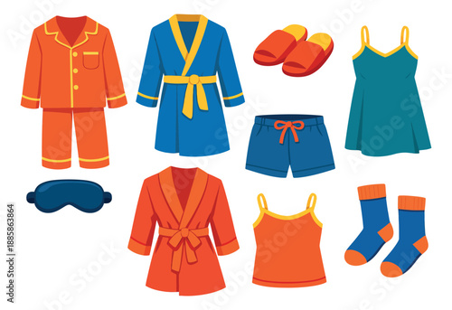 Flat design nightwear and loungewear set featuring pajamas, bathrobes, slippers, and sleep accessories for home comfort