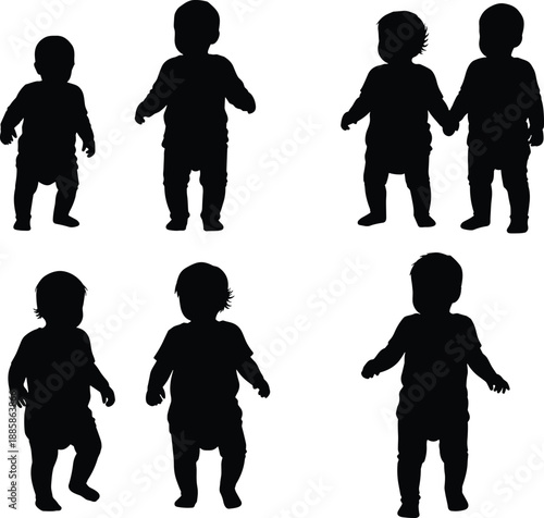 Silhouette illustration of toddlers standing and walking, baby figures, child development poses, baby silhouette art