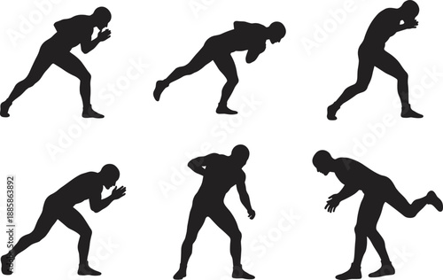 Silhouette man in pain, injured body poses, muscle cramp strain vector set