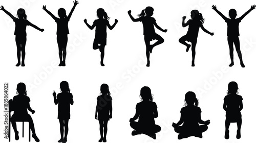 Silhouette of active and meditating girls in various poses, kids exercise, yoga, and mindfulness