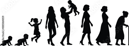 Silhouette vector illustration of female life stages from infancy to old age for education, healthcare, family, generational concepts, sociology, and human development design themes.