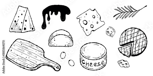 Black Cheese Clipart, Sketch Charcuterie Elements. Gourmet Cheese Icons. Hand drawn Charcuterie Sketch Set, Cheese Doodles