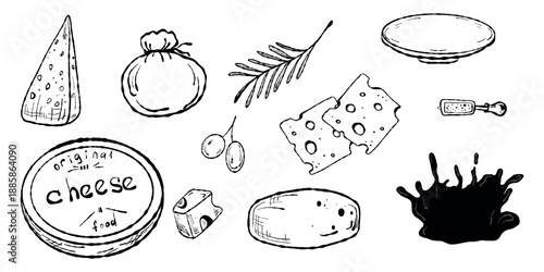 Cheese Clipart Set, Black Sketch Charcuterie Icons. Hand drawn Cheese Illustrations, Monochrome Clipart. Charcuterie Doodles Set