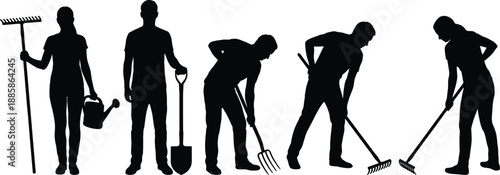 Silhouette vector illustration of gardeners working with tools such as rake, shovel, pitchfork, and watering can for landscaping, agriculture, yard maintenance, outdoor labor, and gardening concepts.