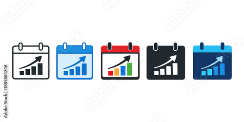 Modern business icon calendar set featuring growth bar graphs and upward arrows for financial progress and planning