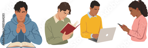 Diverse students group studying, reading books and using laptop for online education, vector people illustration set