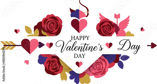 A colorful Valentine's Day graphic with hearts, roses, and Cupid's arrow on a white background