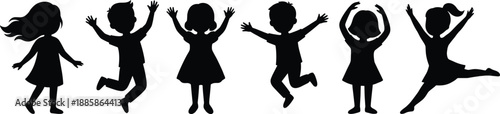 Silhouette vector illustration of playful children running, dancing, and jumping for childhood activity, education, family lifestyle, creativity, and joyful youth design concepts.