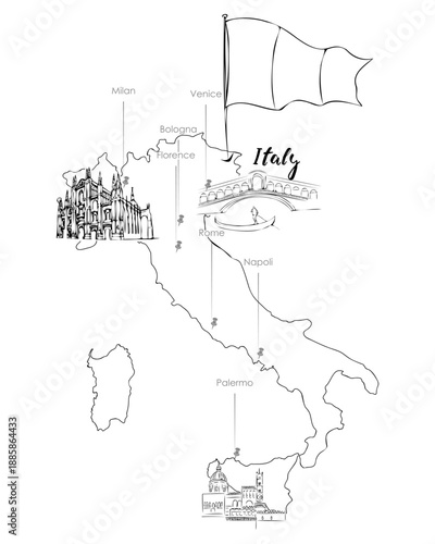Hand drawn map of Italy with famous city landmarks in black and white