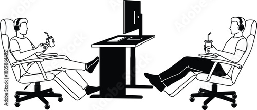 Silhouette of gamers sitting in chairs, drinking beverages, wearing headphones, playing video games, modern tech scene