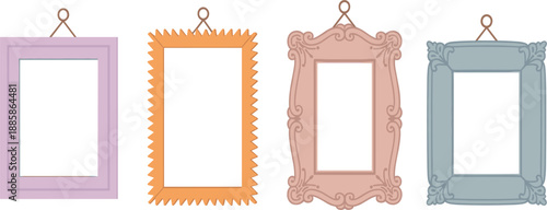 Decorative photo frames set vector, empty colorful picture borders, antique gallery wall hanging collection illustration