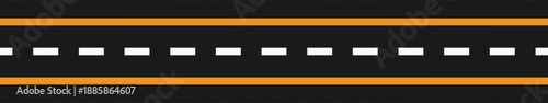Straight asphalt road vector illustration with dashed lane markings and yellow boundary lines for transportation, driving, travel, navigation graphics, urban planning, and highway design concepts.