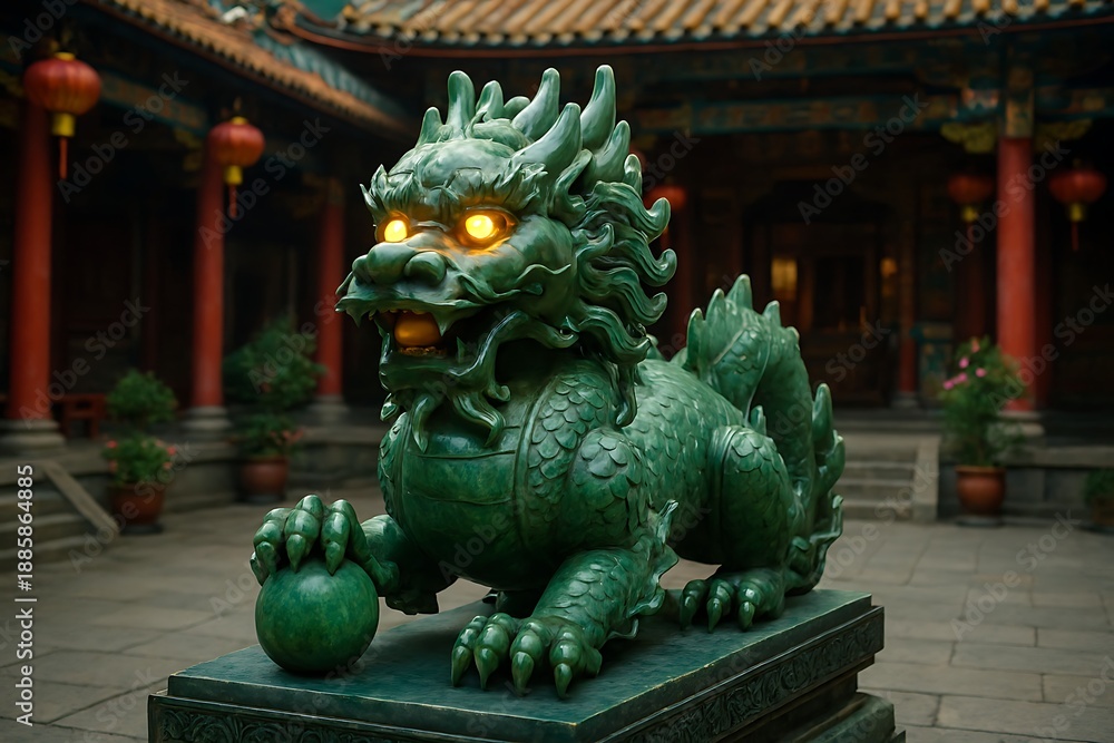 Fototapeta premium Green Guardian Lion Statue with Glowing Eyes in Traditional Courtyard