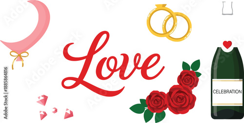 A romantic illustration of love with a heart balloon, champagne, and roses on a white background