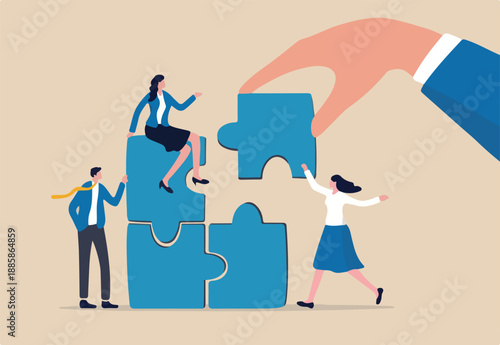 Build your team, leadership to develop teamwork or business partner, cooperate or collaborate for success, assist or help, giant businessman hand connect last jigsaw puzzle to office business team