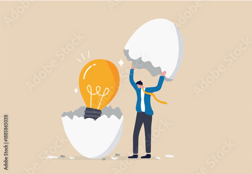 New creative idea, innovation or solution for business, entrepreneurship or startup idea, creation or discovery concept, businessman entrepreneur discover hatching egg with lightbulb idea inside.