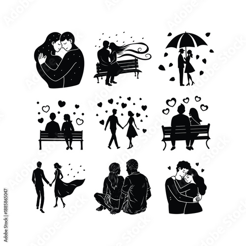 Intimate couples hugging and sitting on park benches silhouette vector illustration for Valentine's Day romantic concepts