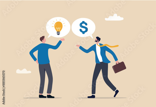 Venture capital, project pitching for funding or VC investment, selling idea for money or angel investment for startup project concept, young entrepreneur pitching idea to raise venture capital fund.