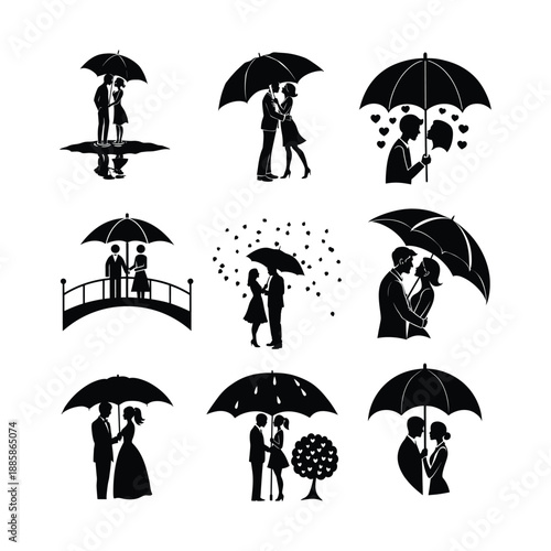Various romantic scenes with couples and umbrellas in raindrops silhouette vector illustration for Valentine's Day card