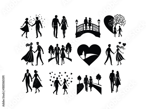 Collection of happy couples with a large central heart silhouette vector illustration for Valentine's Day graphic design
