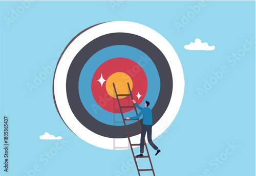 Climb up ladder to reach target or goal, aspiration to success, growth or aiming to achieve target, objective or purpose, motivation to winning concept, businessman climbing ladder to business goal.