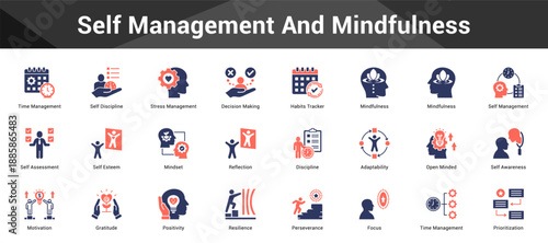 Self Management And Mindfulness Cohesive set of minimalist vector icons representing key ideas with visual clarity
