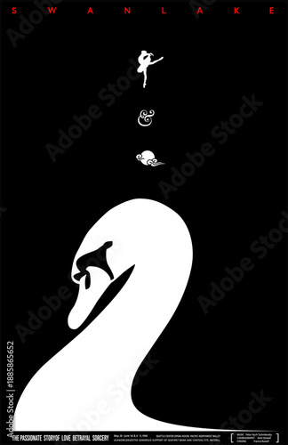 Swan Lake Poster
Minimalist Swan Lake ballet poster design, black and white artistic illustration with swan and dancer silhouette