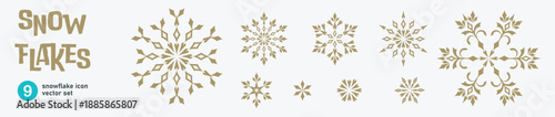 Set of snowflake icons, winter blue flat vector elements, Christmas snow crystals collection, minimalist holiday decorative icons isolated on white, symmetrical frozen ornament kit