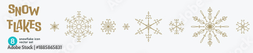 Set of snowflake icons, winter blue flat vector elements, Christmas snow crystals collection, minimalist holiday decorative icons isolated on white, symmetrical frozen ornament kit