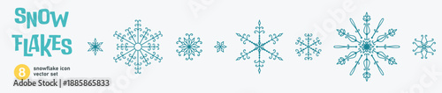 Set of snowflake icons, winter blue flat vector elements, Christmas snow crystals collection, minimalist holiday decorative icons isolated on white, symmetrical frozen ornament kit