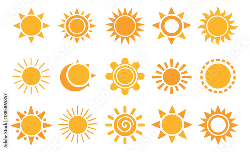 Graphic sun icons set featuring various styles for weather and season concepts