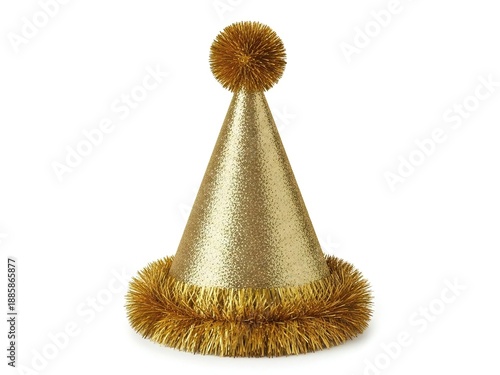 Elegant golden party hat with tinsel trim and pom pom isolated on white background