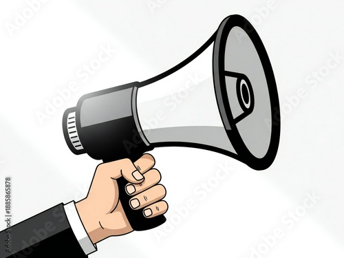 A professional hand holding a megaphone to make an announcement isolated on white background
